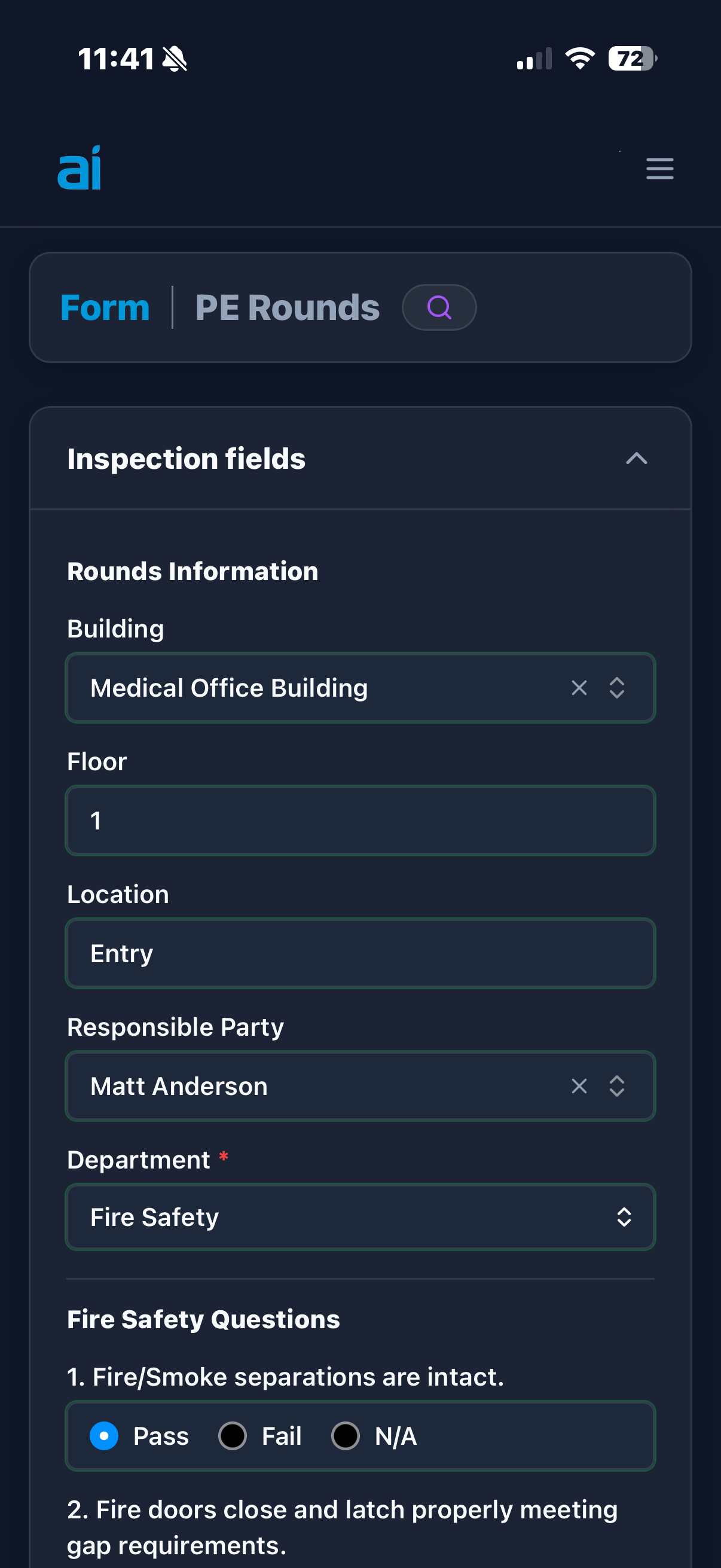 Agilis mobile app showing an environment-of-care rounds checklist with pass/fail items and a corrective work order prompt